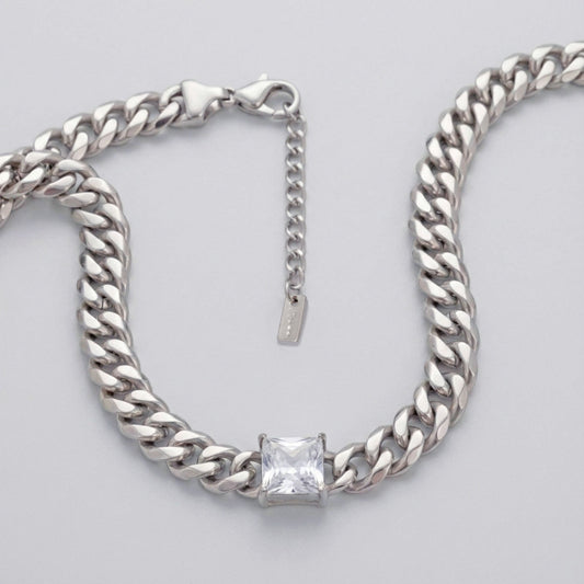 Stainless Steel Princess CZ Cuban Chain Necklace
