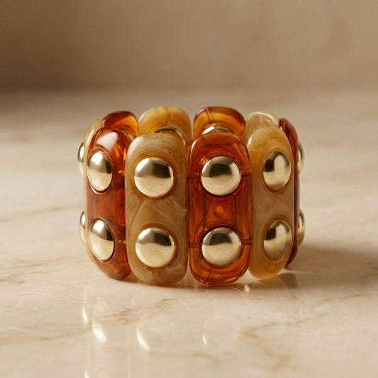 Stretch Vintage Brown Resin and Gold Stud Bracelet