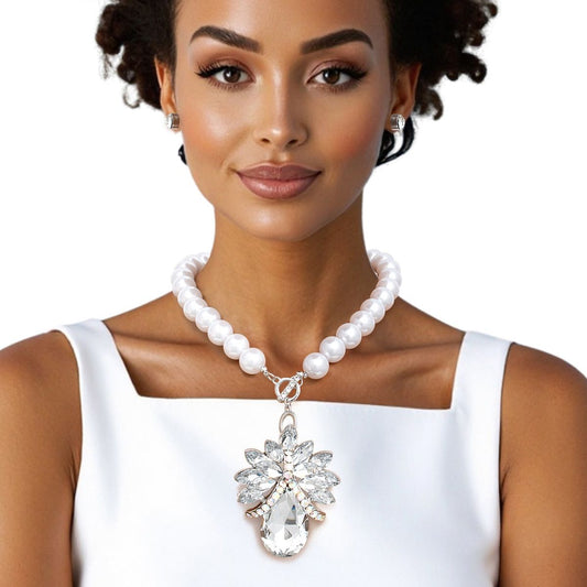 Toggle Pearl and Clear Glass Pendant Necklace