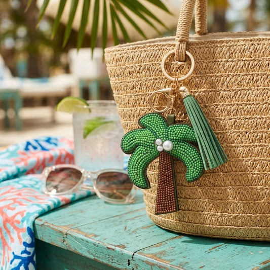 Bag Clip Green Bead and Pearl Palm Tree Keychain