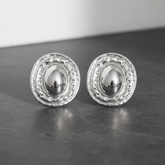 Stud Silver Organic Oval Domed Metal Earrings