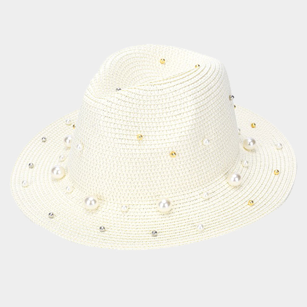 Pearl Trim Straw Fedora Hat – BBJewelry display picture 3