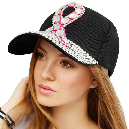 Black Breast Cancer Crystal Ribbon Cap