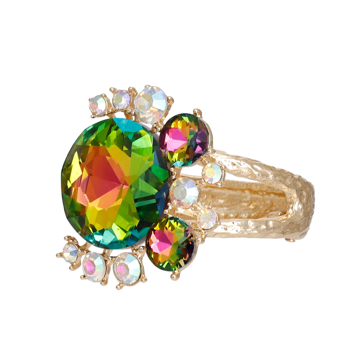 Gold Round Pink Green Crystals Hinge Cuff