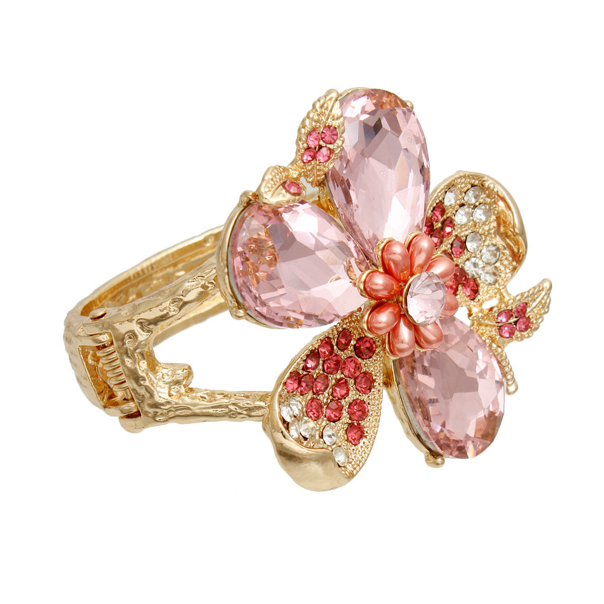 Pink Crystal Floral Leaf Cuff