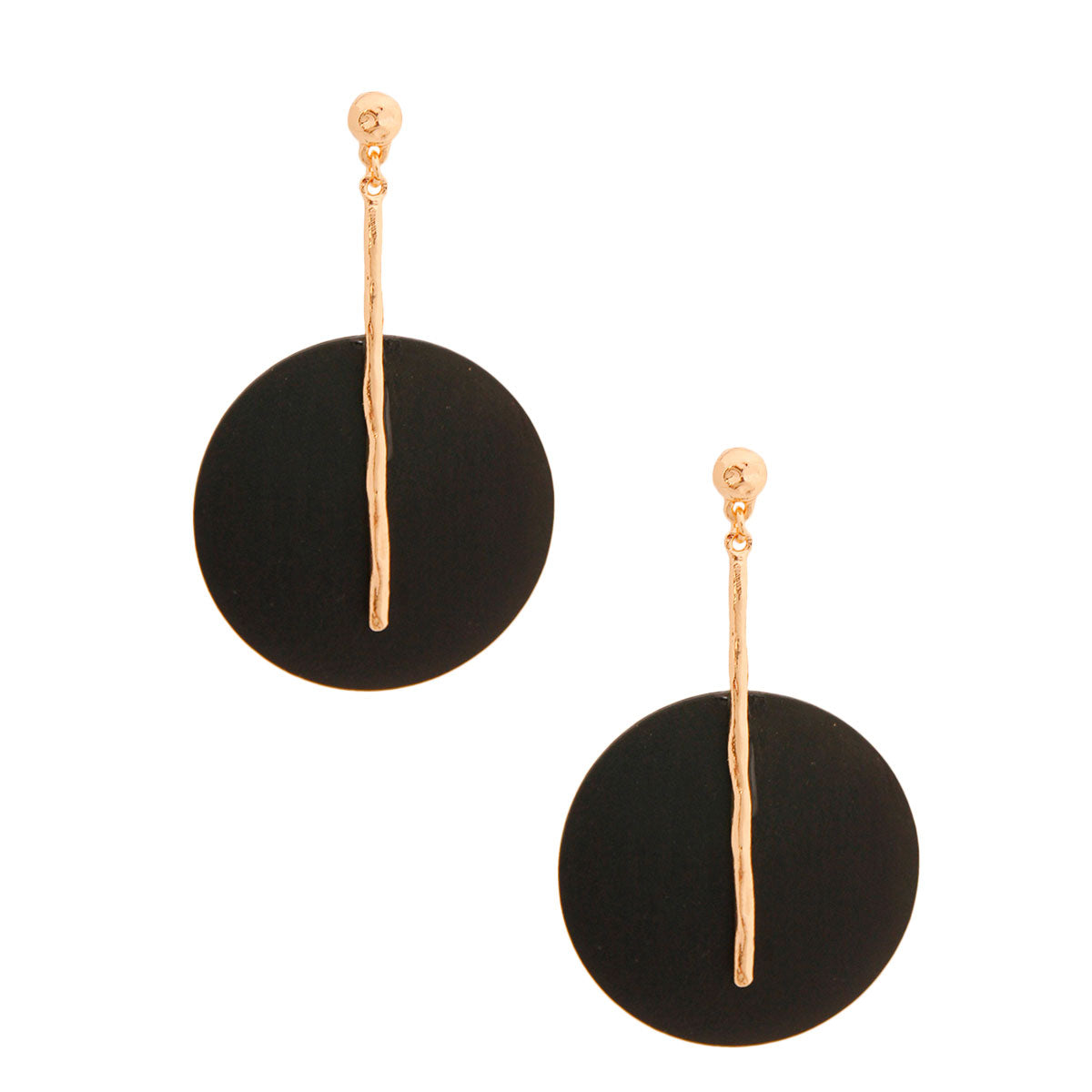 Black Wood Disc Gold Bar Earrings