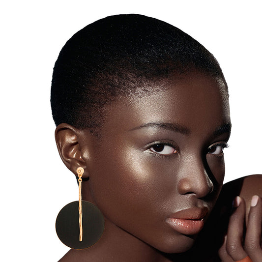 Black Wood Disc Gold Bar Earrings