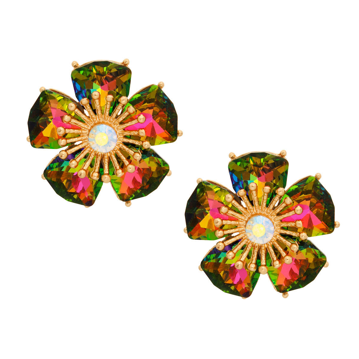 Pink Green Crystal Daisy Studs