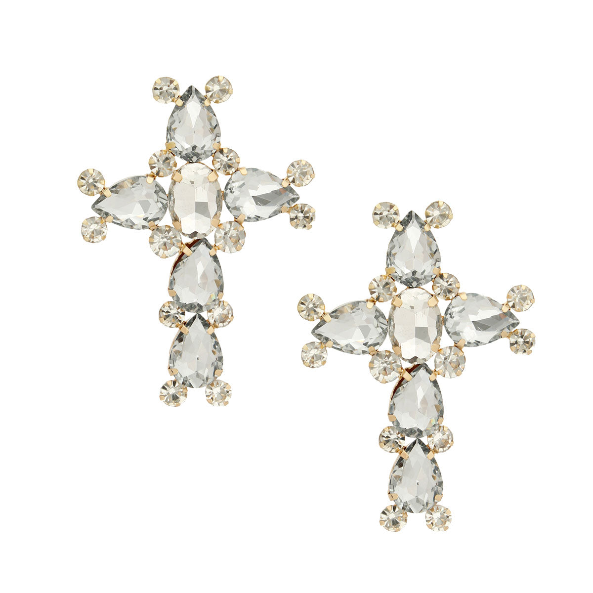 Gold Teardrop Crystal Cross Studs