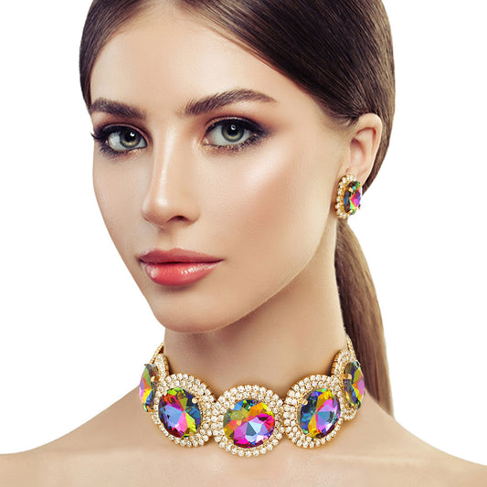 Brilliant Pink Green Round Cut Crystal Choker