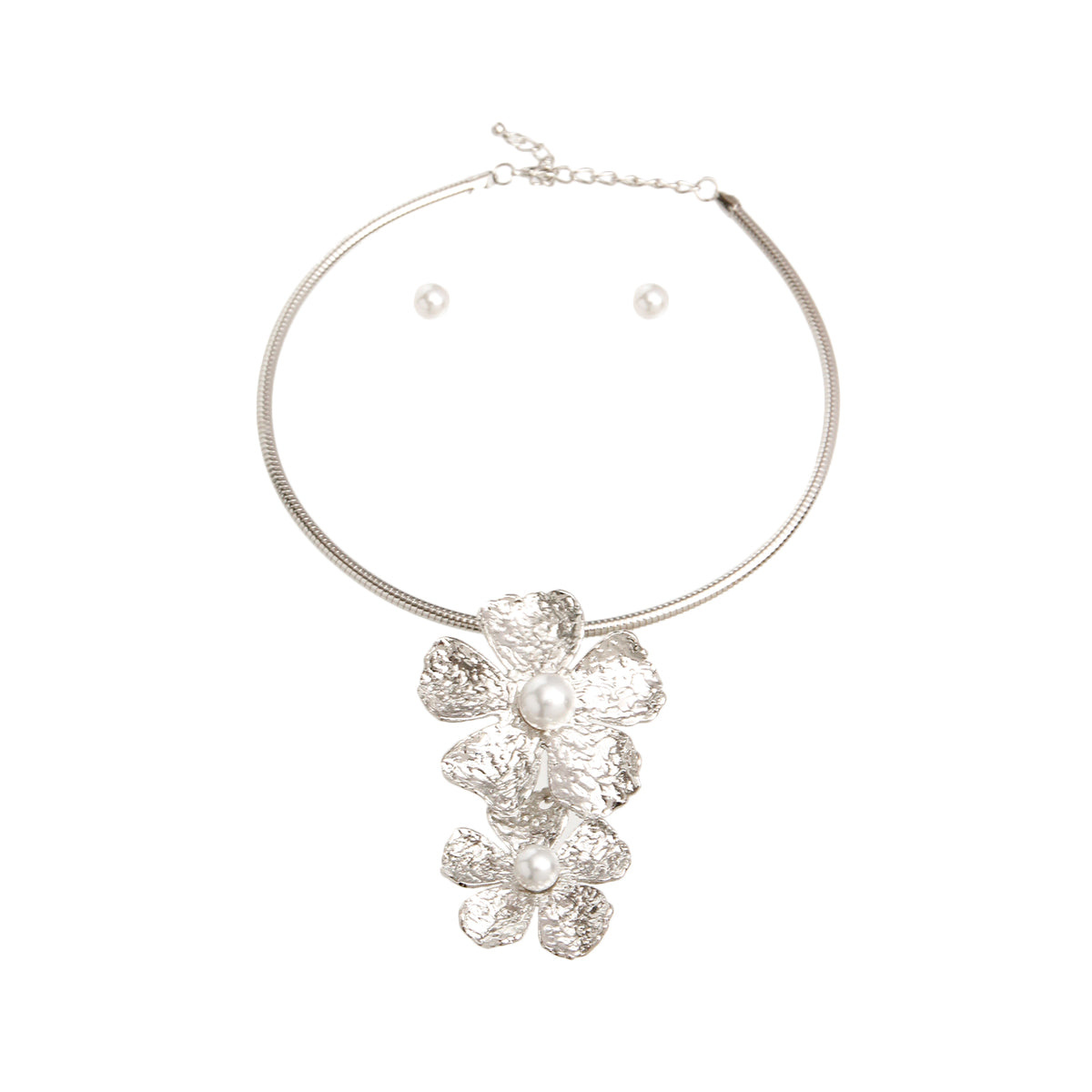 Silver Metal Flower Pearl Set