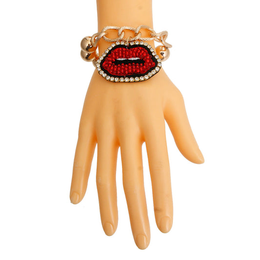 Gold Bead Red Lips Bracelet