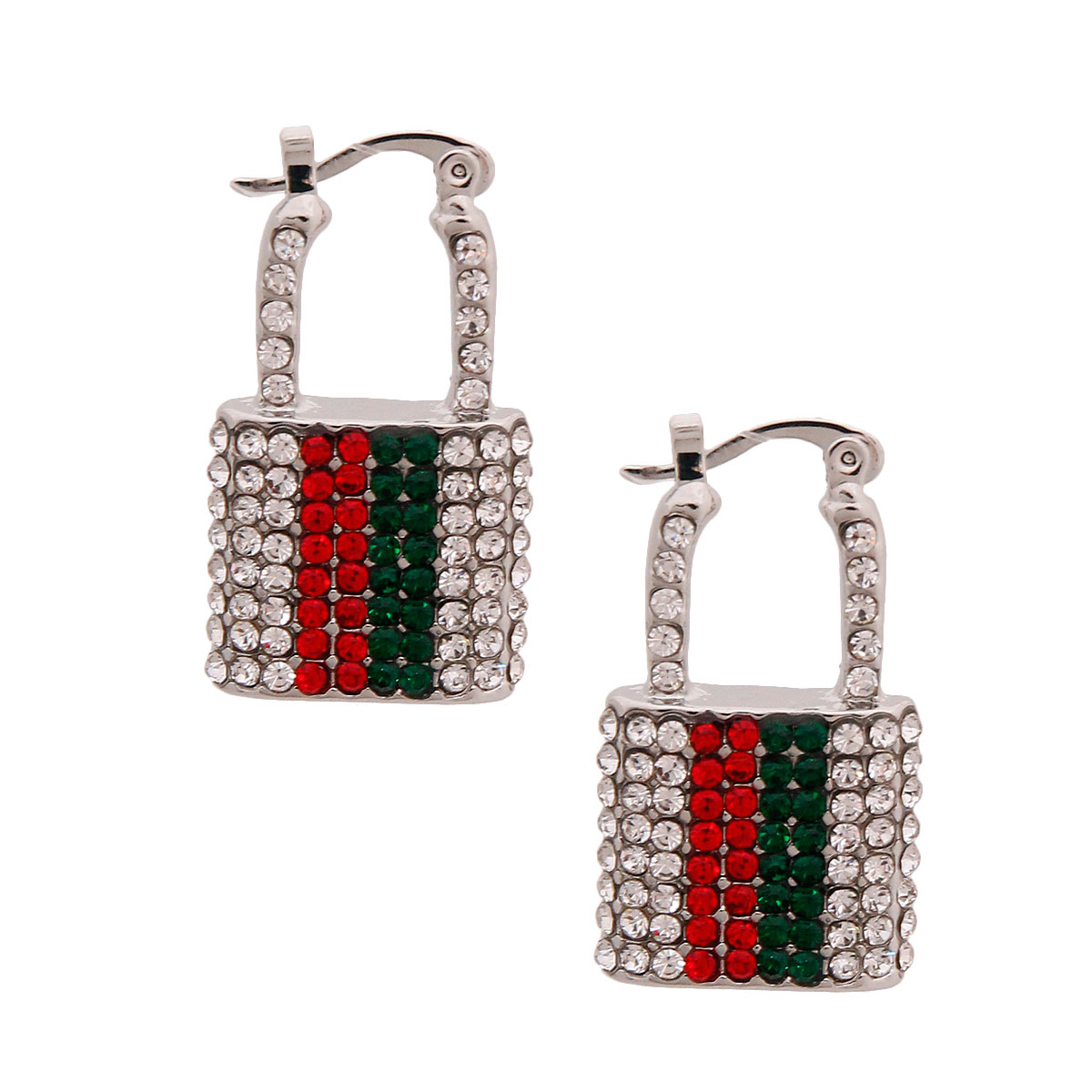 Silver Designer Rhinestone Lock Hoops