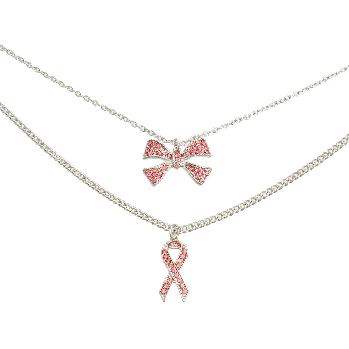 Pink Ribbon Double Layer Silver Necklace Set