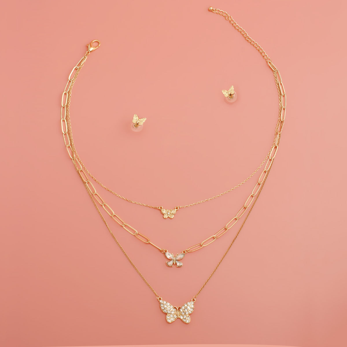Gold Triple Chain Butterfly Necklace