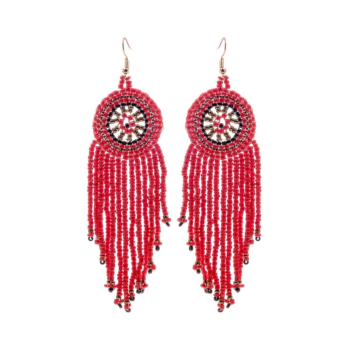Red Seed Bead Fringe Round Earrings