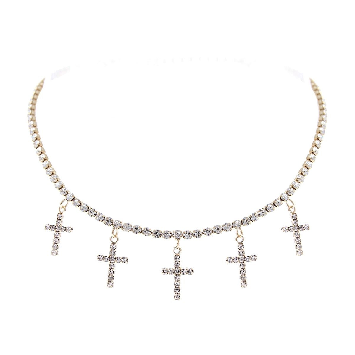 Gold Rhinestone Cross Charm Choker
