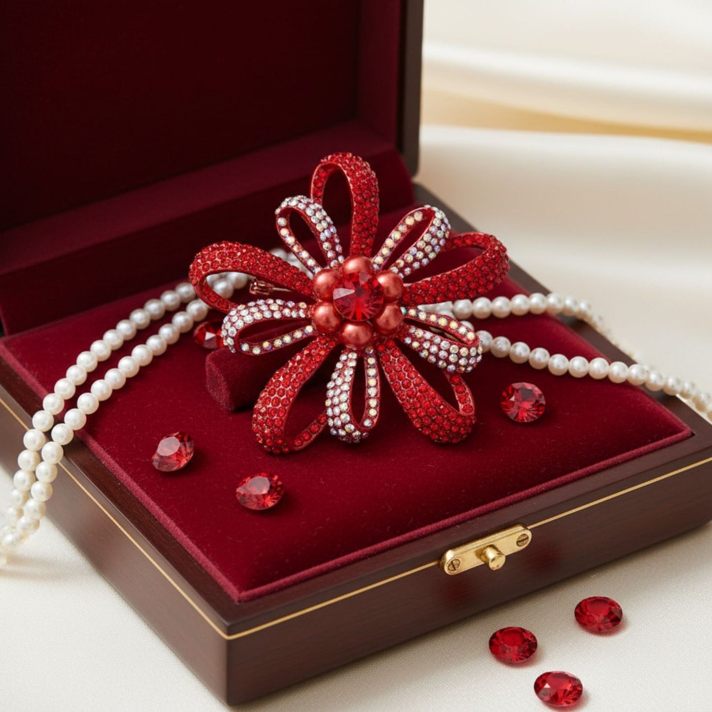Brooch Large Red Rhinestone Loop Pearl Pin