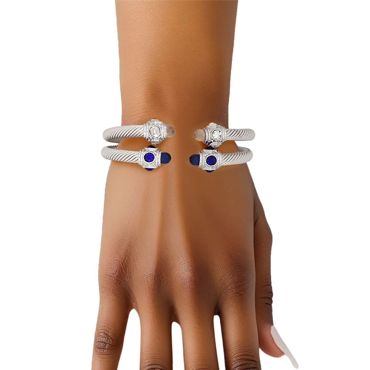 ZPB Blue Clear Crystal Cable Bangle Bracelet Set