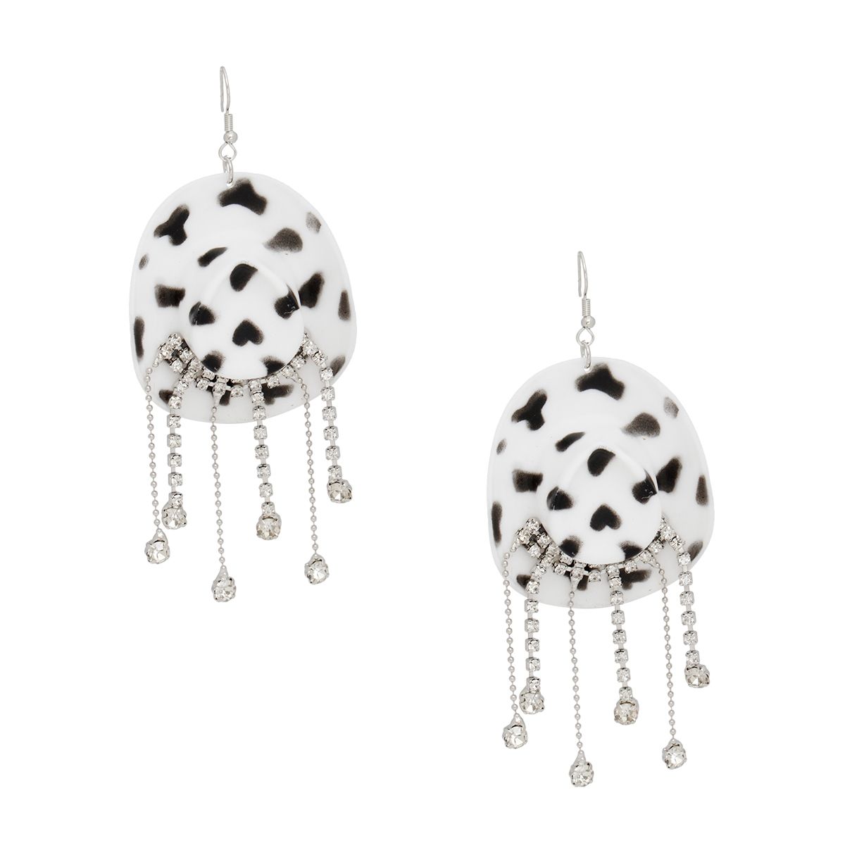 Fish Hook White Black  Cowgirl Hat Fringe Earrings