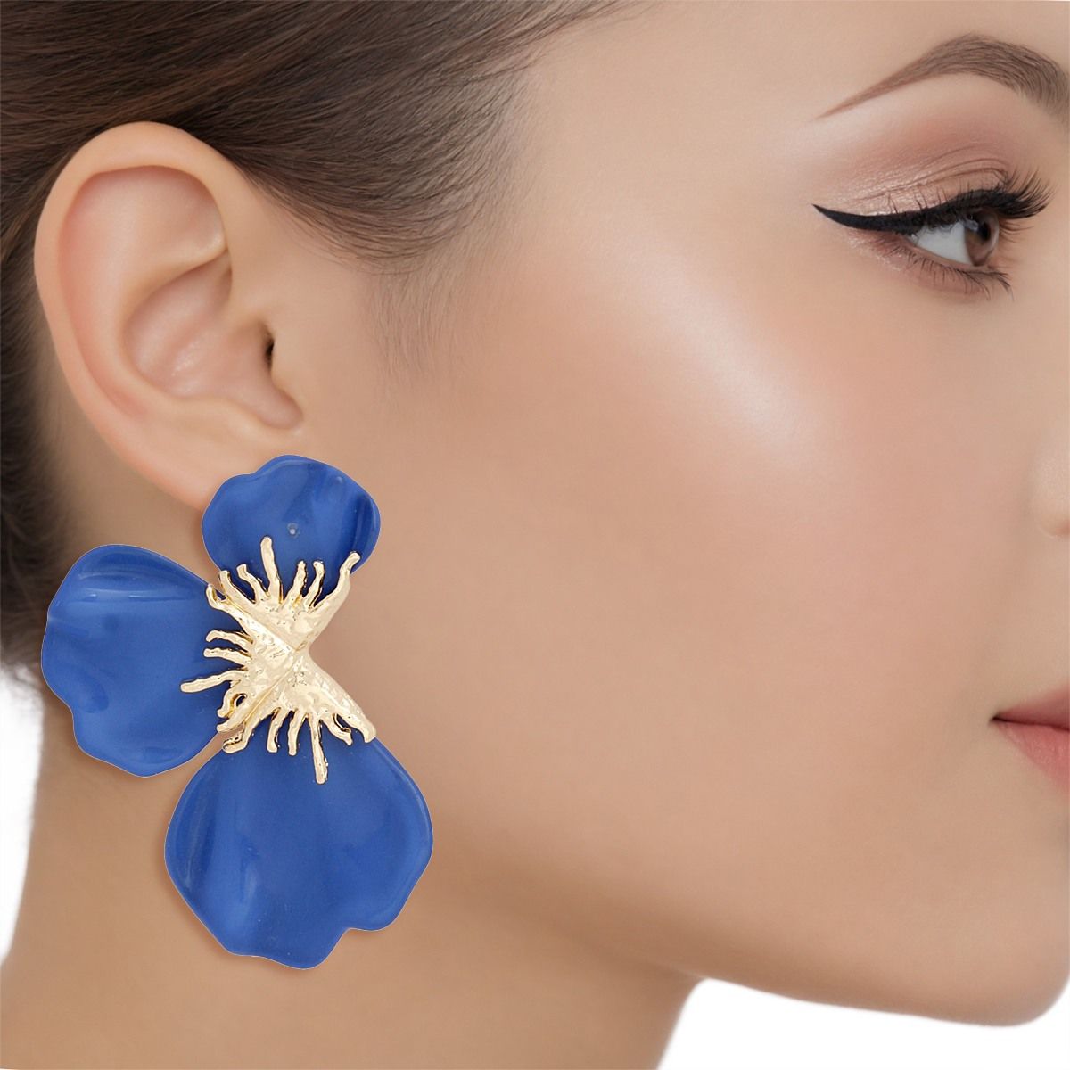 Studs Blue Tropical Bloom Triple Petal Earrings