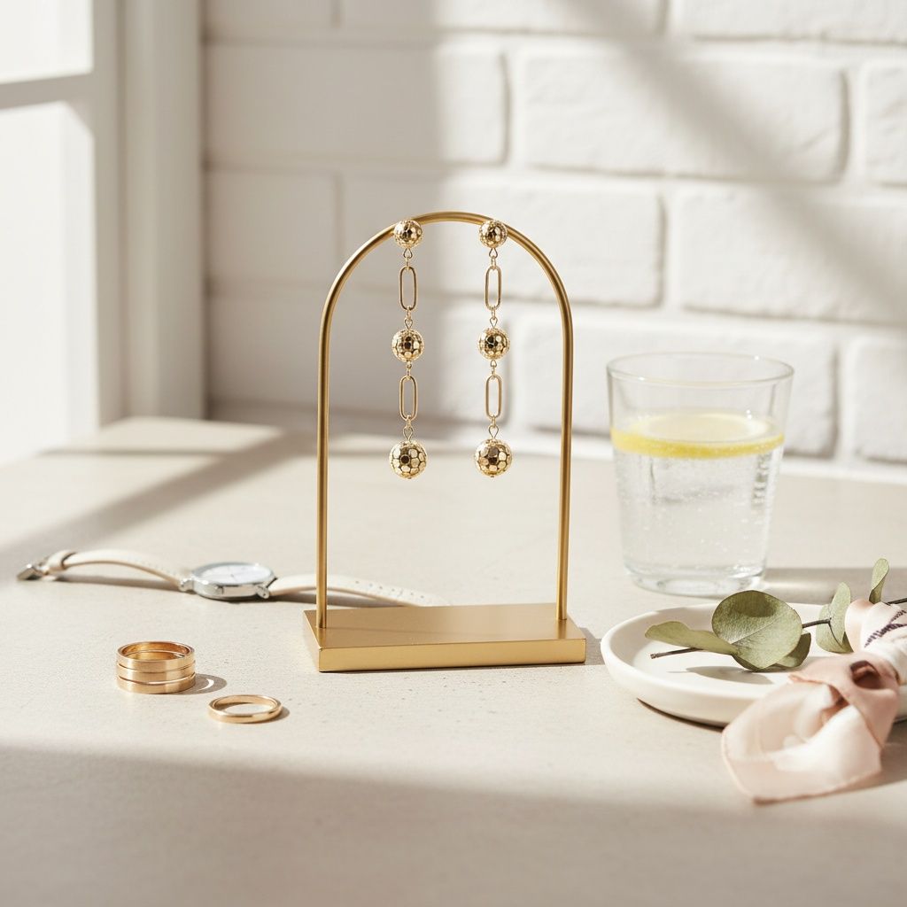 Dangle Gold Linked Mesh Ball Long Drop Earrings