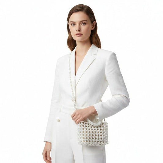 Top Handle Square Cream Pearl Woven Handbag