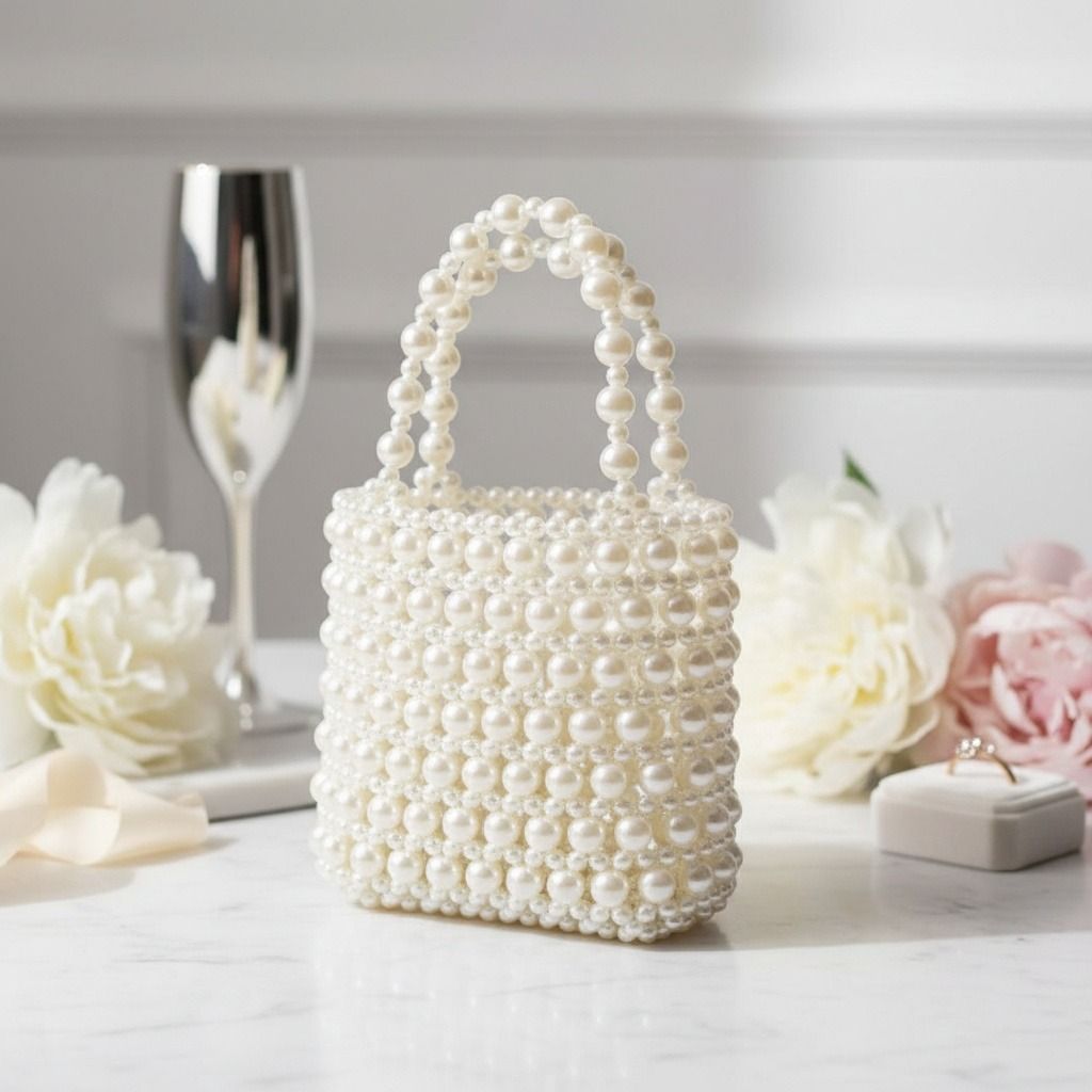 Top Handle Vintage Woven Cream Pearl Crossbody Bag