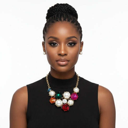 Bib Chunky Multi Crystal Pearl Evening Necklace