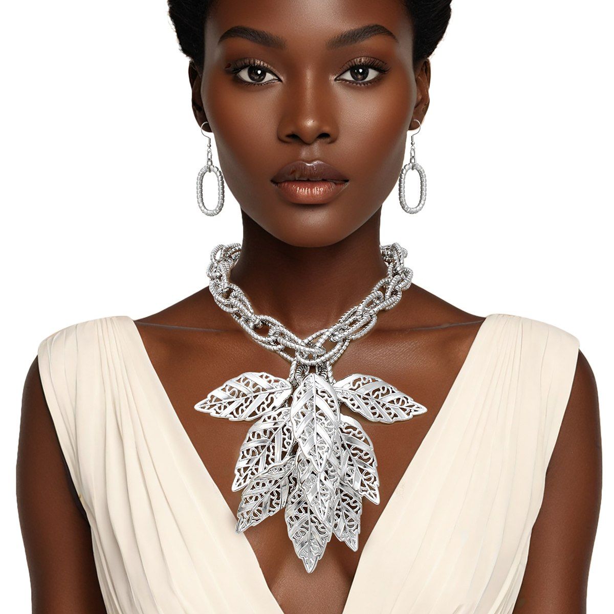 Bib Fall Season Silver Chunky Leaf Drop Necklace