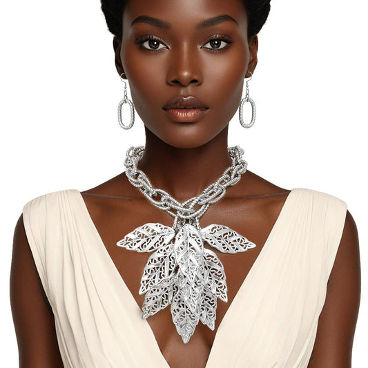 Bib Fall Season Silver Chunky Leaf Drop Necklace