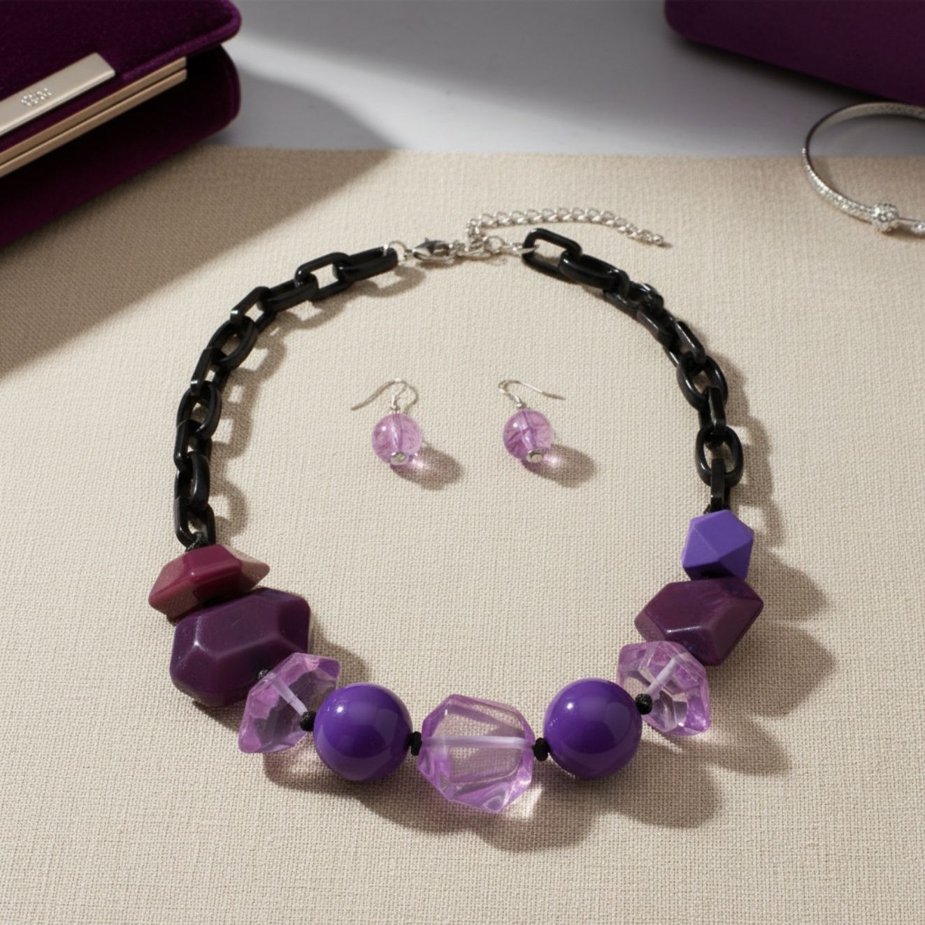 Beaded Purple Chunky Mixed Bead Tribal Necklace