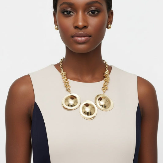 Bib Polished Gold Sculptural Metal Disc Necklace