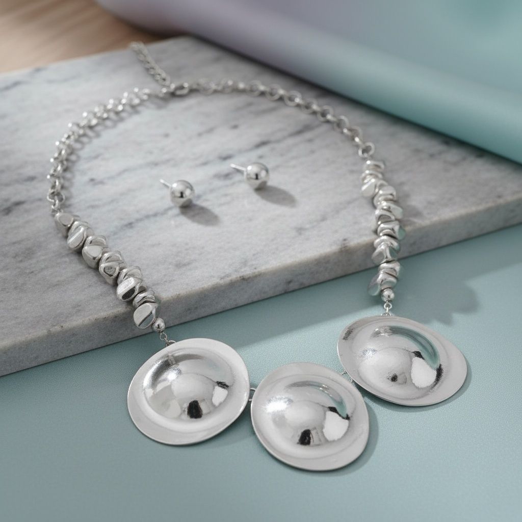 Bib Polished Silver Sculptural Metal Disc Necklace