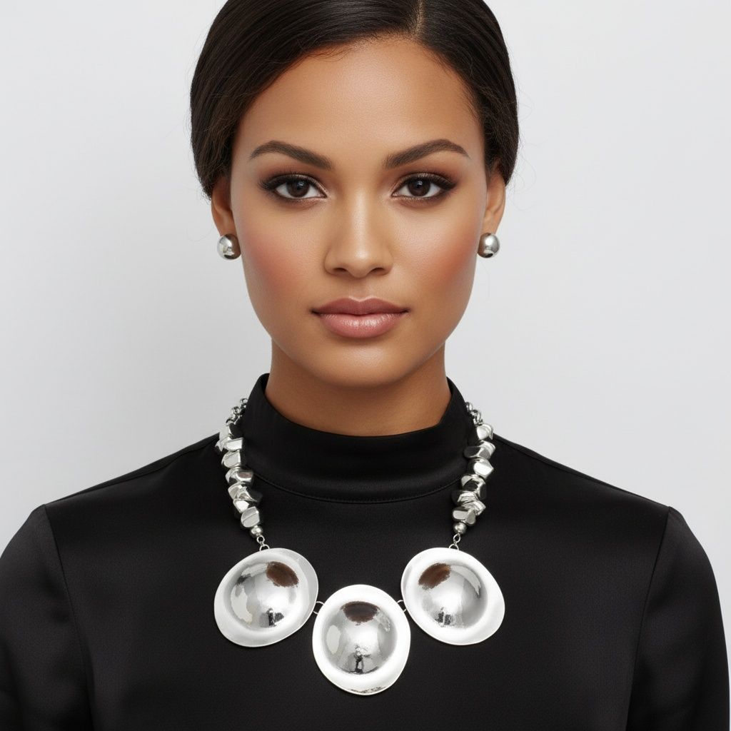 Bib Polished Silver Sculptural Metal Disc Necklace