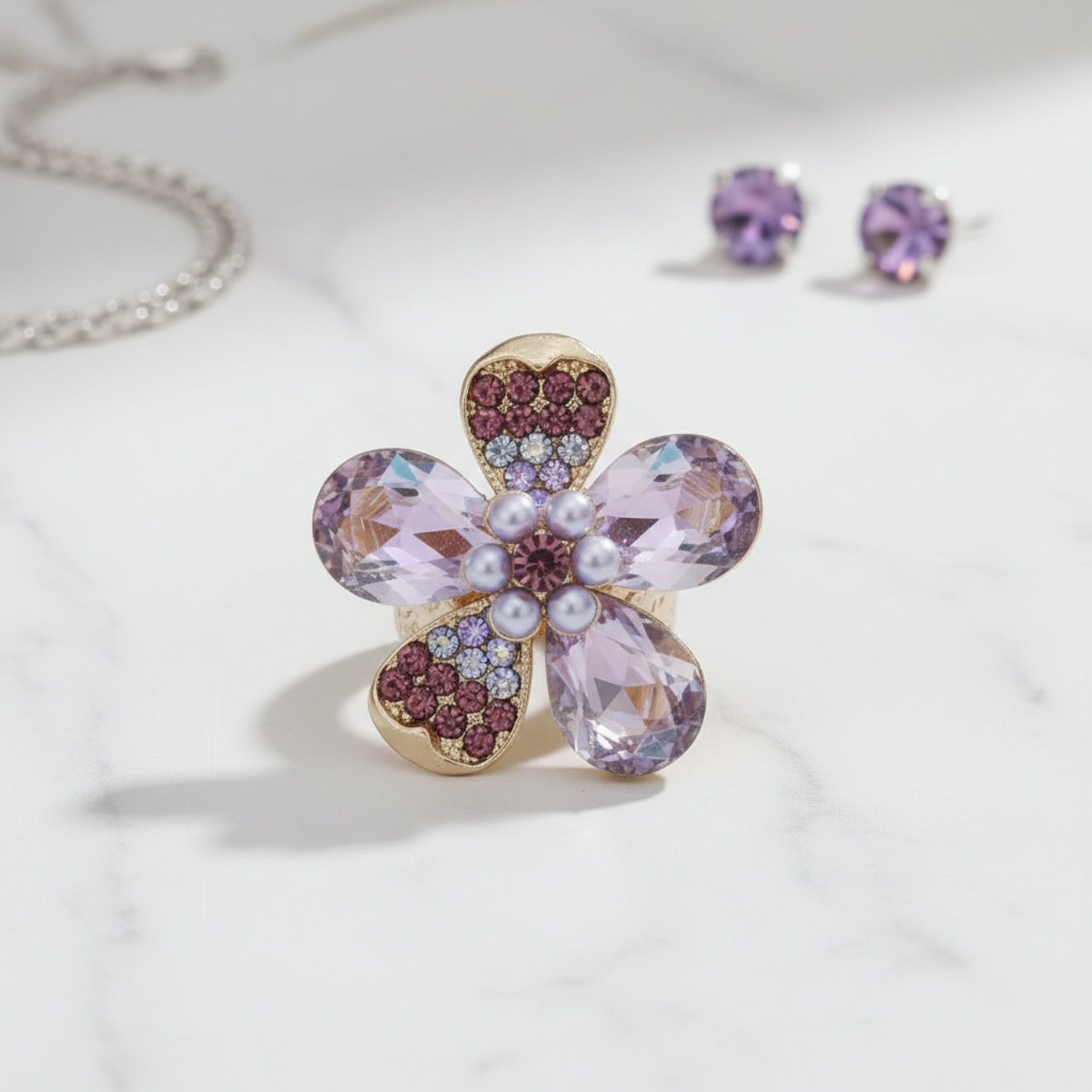 Cocktail Ring Mixed Purple Teardrop Crystal Flower