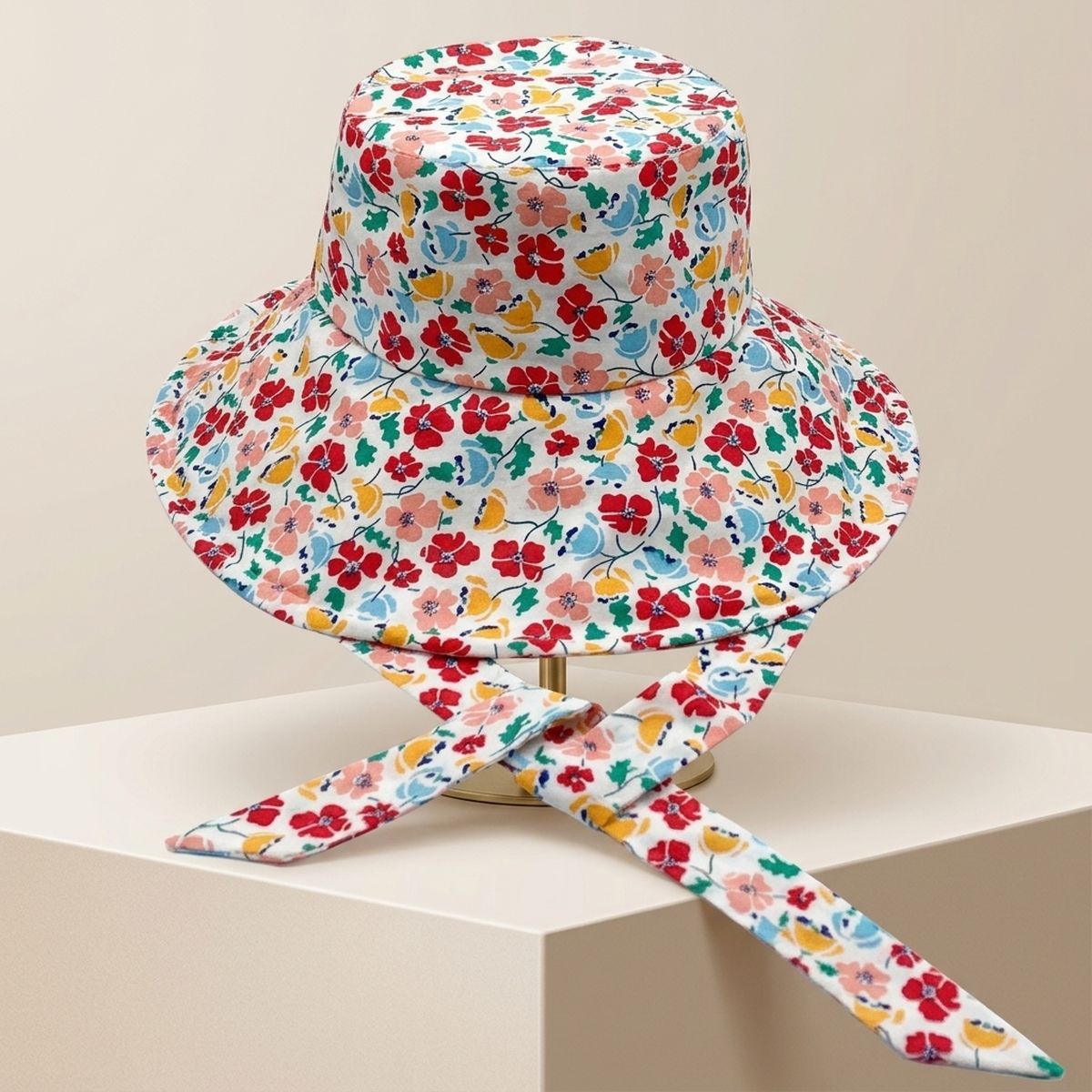 Vintage Red Floral Chin Tie Bucket Hat