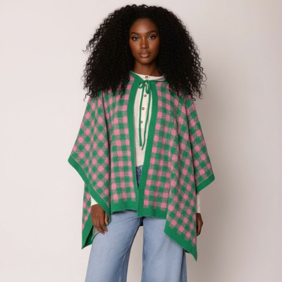 AKA Sorority Checkered Knit Pink and Green Cape