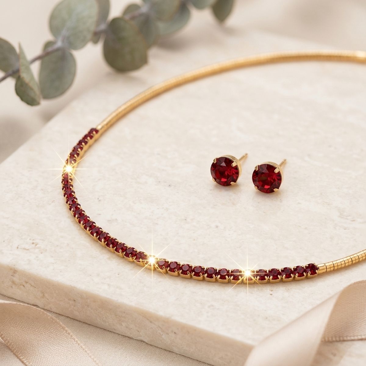 Red Stoned Simple Necklace Set