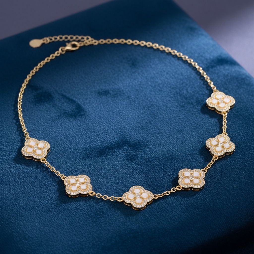 White Encrusted Quatrefoil 5 Motif Chain Necklace
