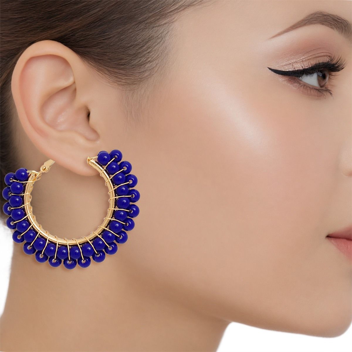 Hoops Blue Bead Gold Wire Wrapped Earrings Women