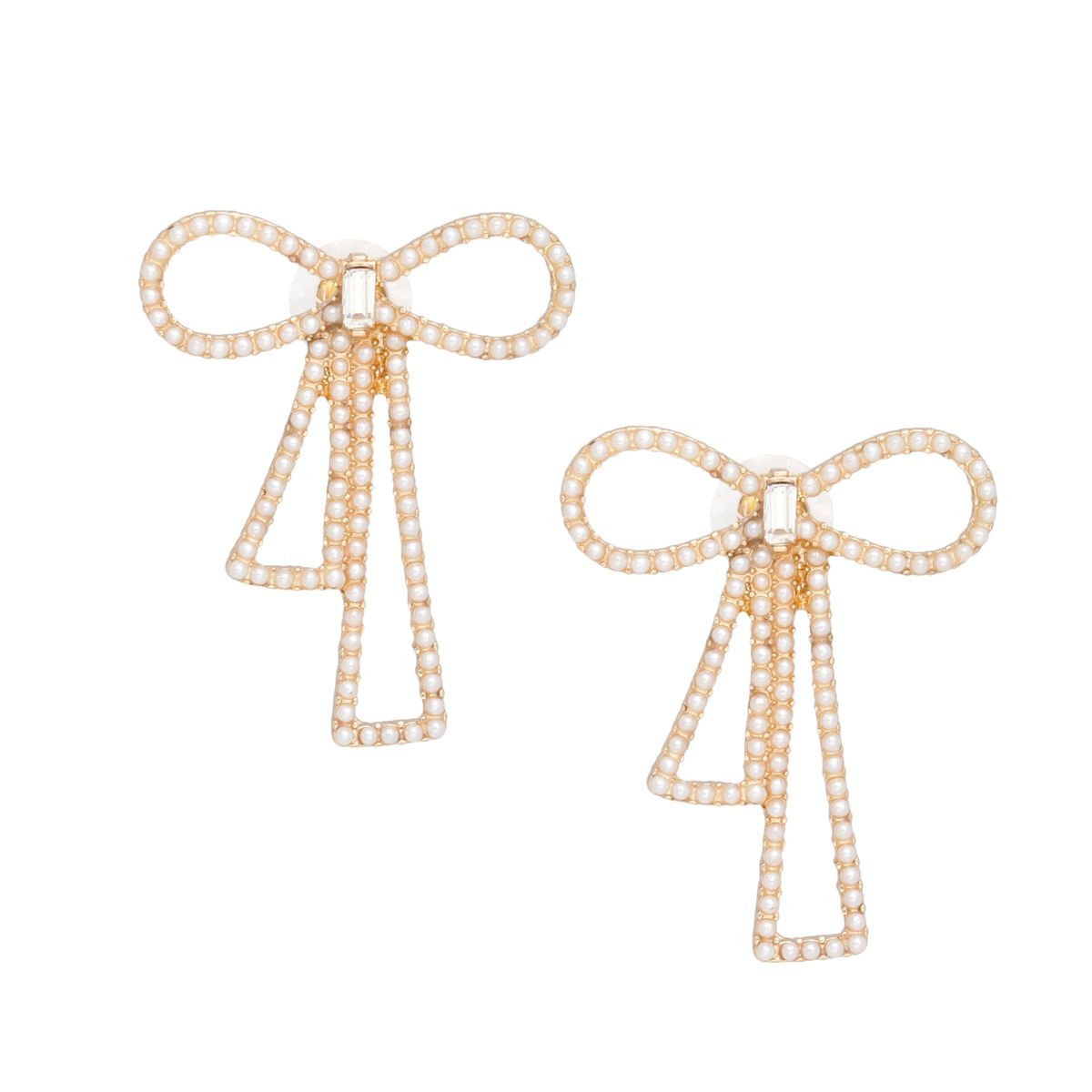 Studs Gold Cream Pearl Ribbon Bow Earrings Women