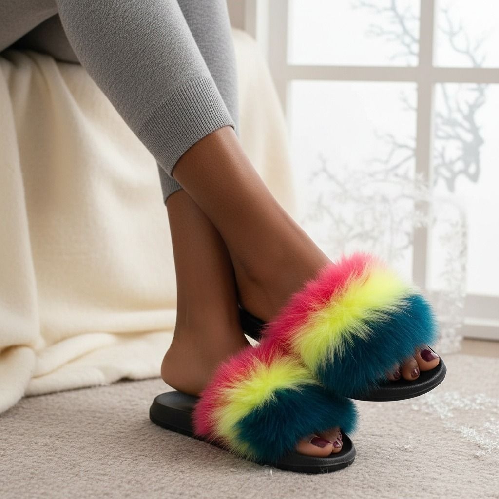 Coral to Green Fox Fur Small Slippers