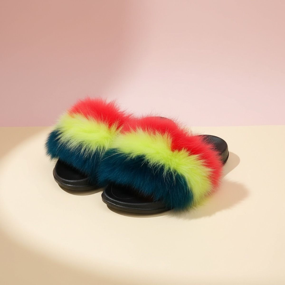 Coral to Green Fox Fur Medium Slippers