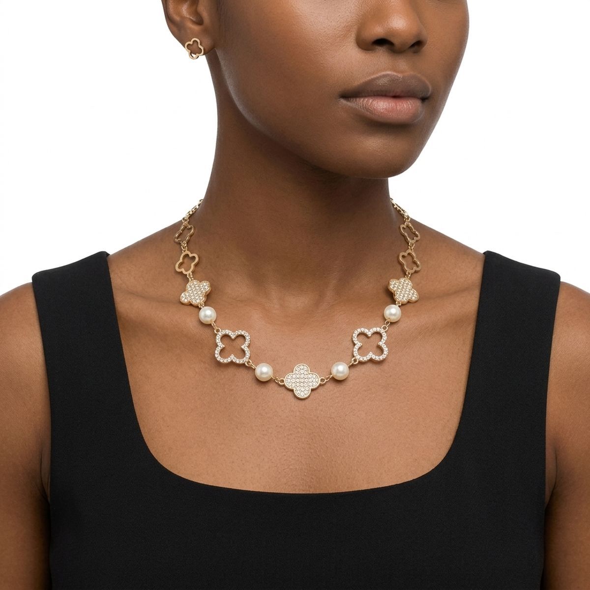 Gold Pave Quatrefoil Clover Cotton Pearl Necklace