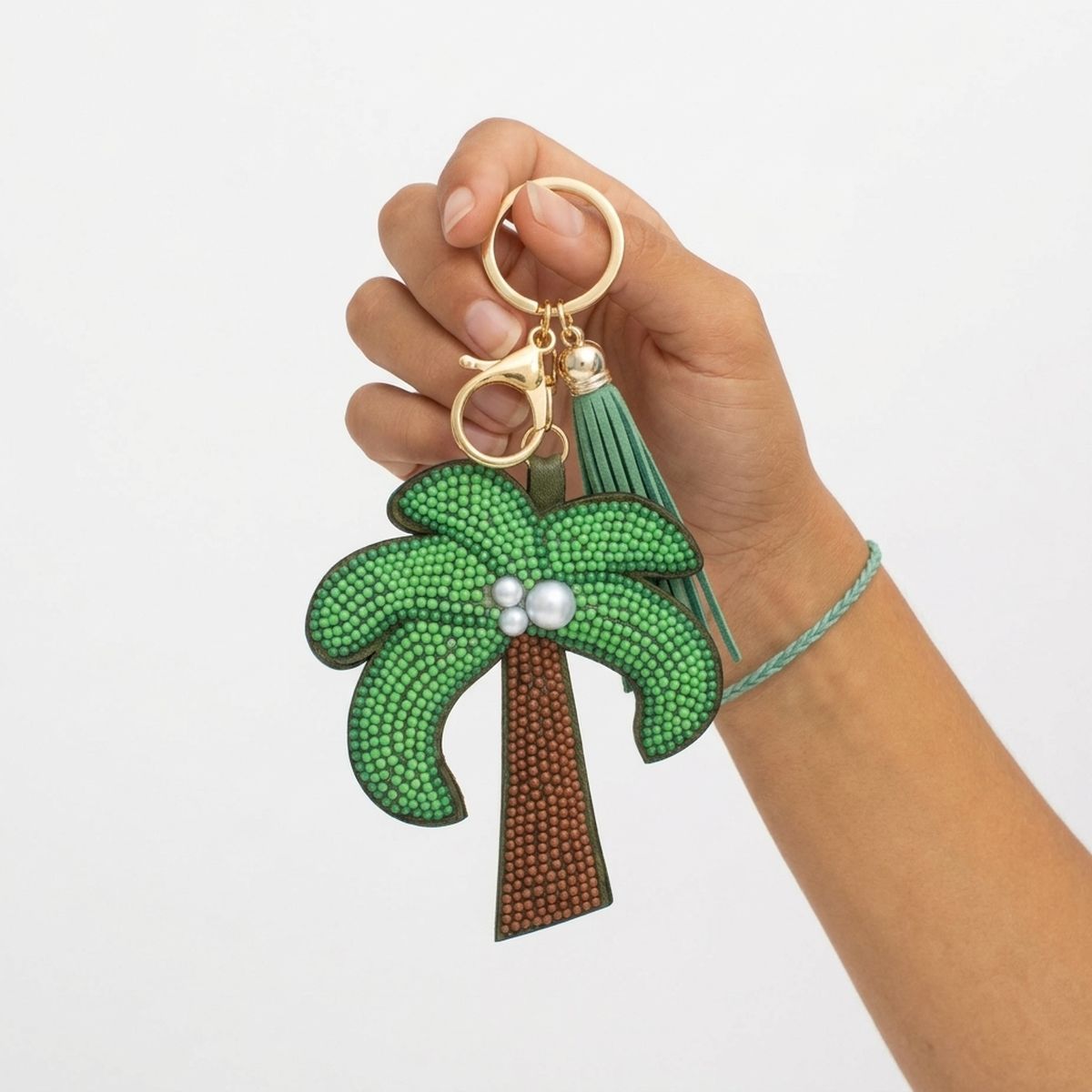 Bag Clip Green Bead and Pearl Palm Tree Keychain