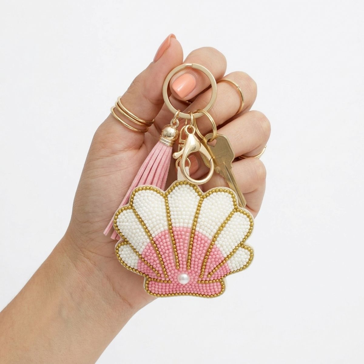Bag Clip Pink and White Bead Seashell Keychain