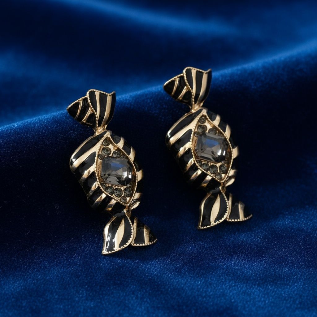 Stud Sweet Candy Black and Gold Crystal Earrings