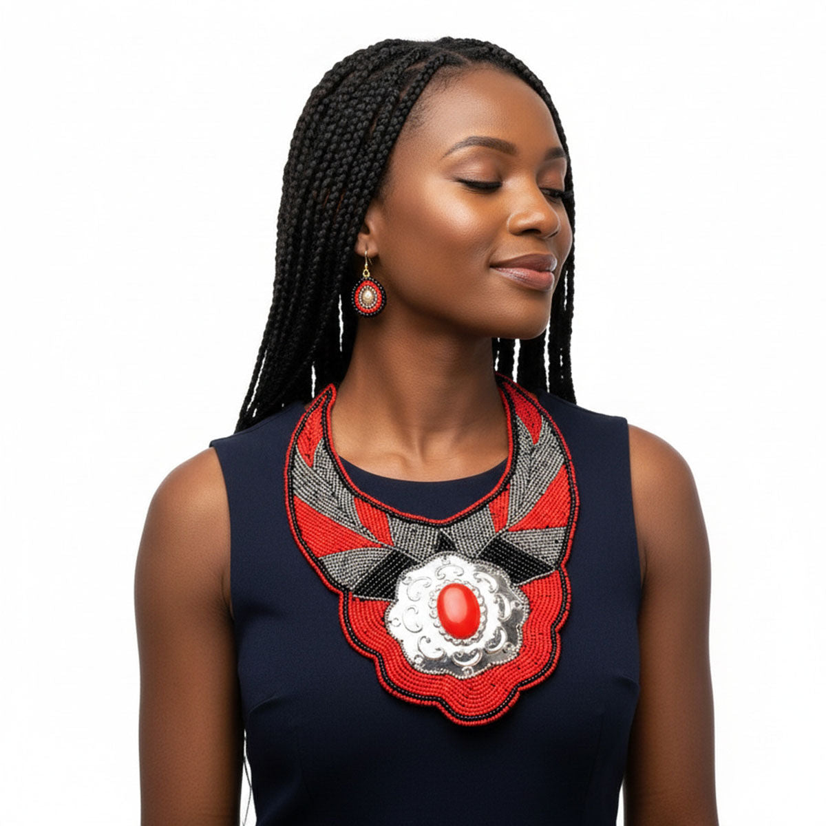 Red & Silver Beaded Bib Set