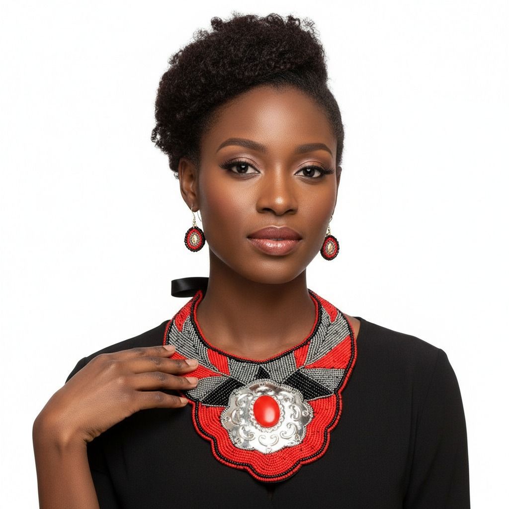 Red & Silver Beaded Bib Set
